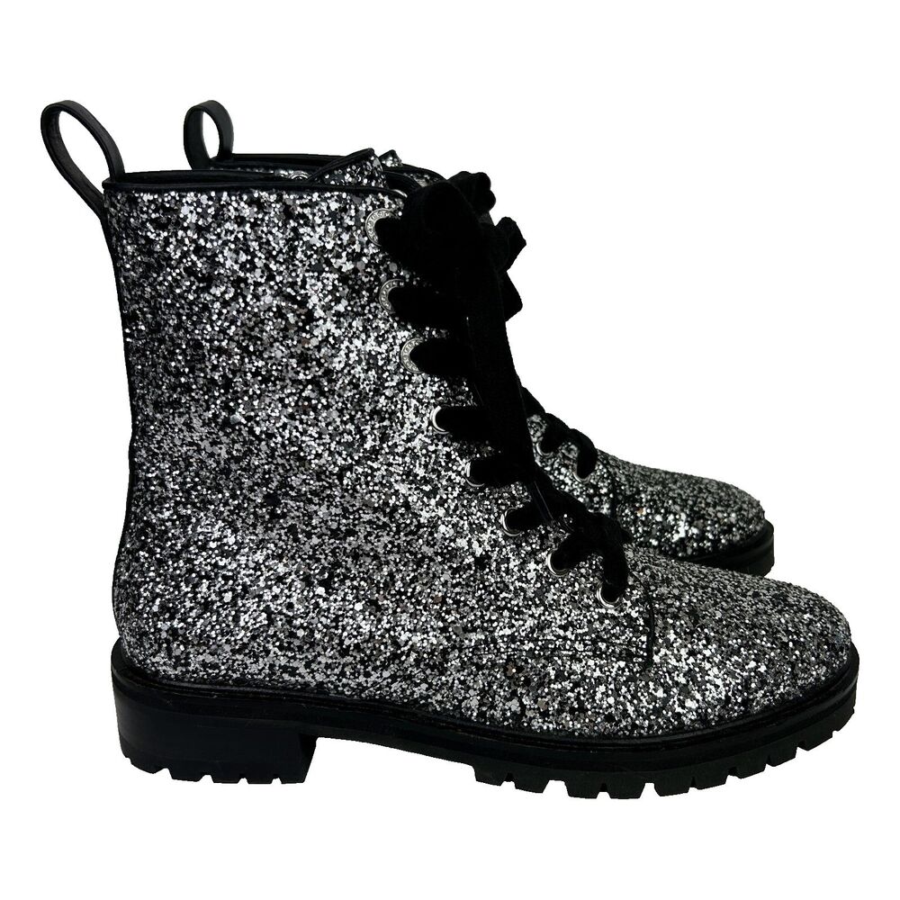 Kate Spade Jemma Glitter Combat Boots Lace Up Shoes Sparkle Leather Silver 7.5